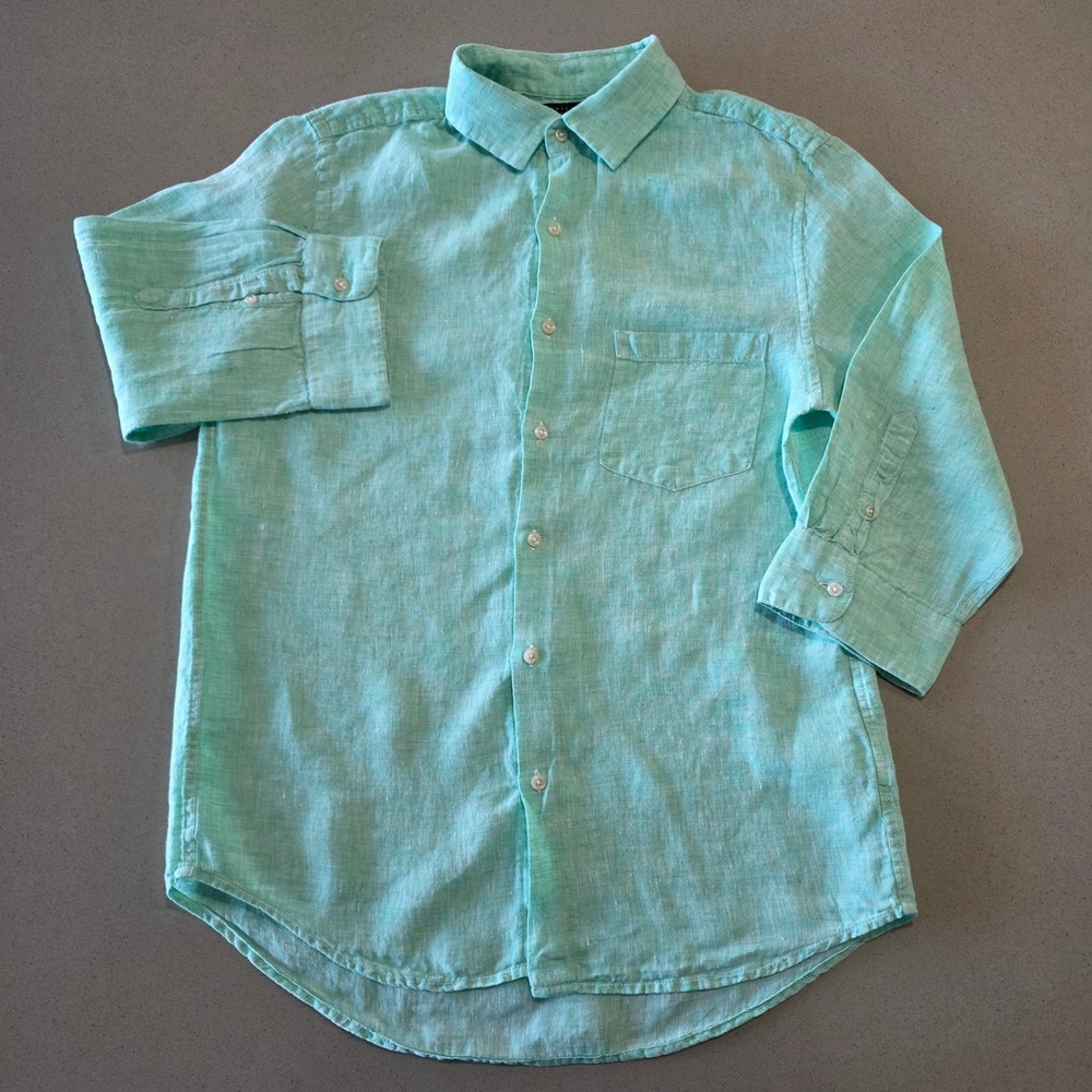 Sense of Place French Linen Button Up Shirt Seafoam Green Mens Small